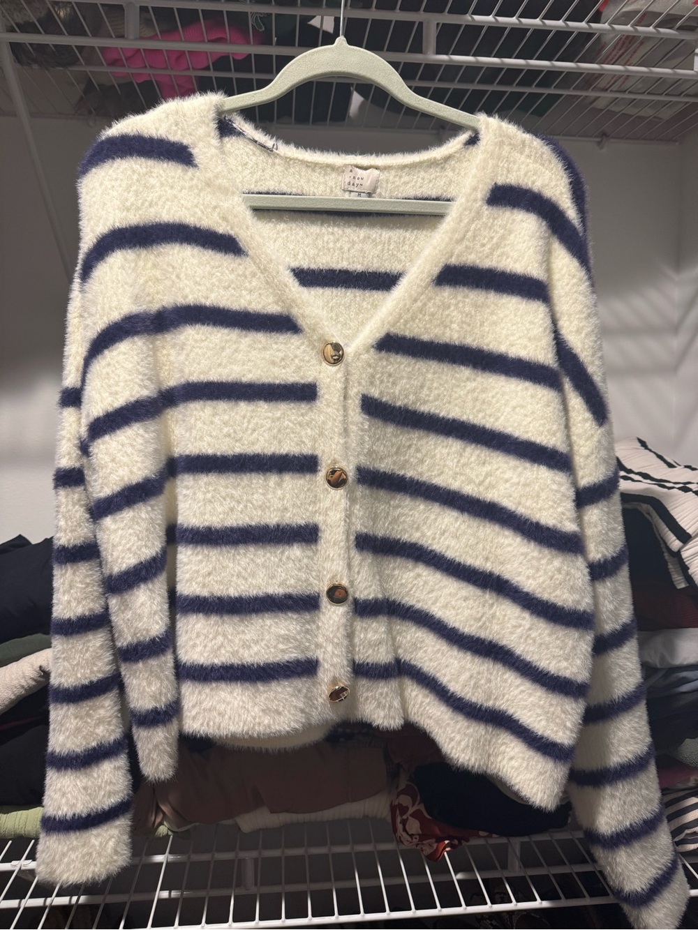 a new day Cream & Navy Fuzzy Striped V-Neck Button Cardigan